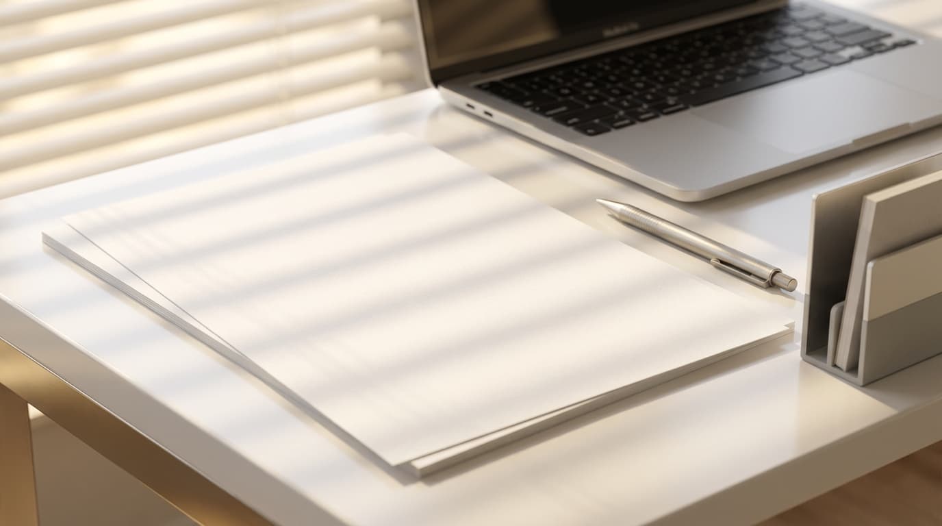 Stack of printed documents and a digital tablet on a desk with a coffee cup and pen