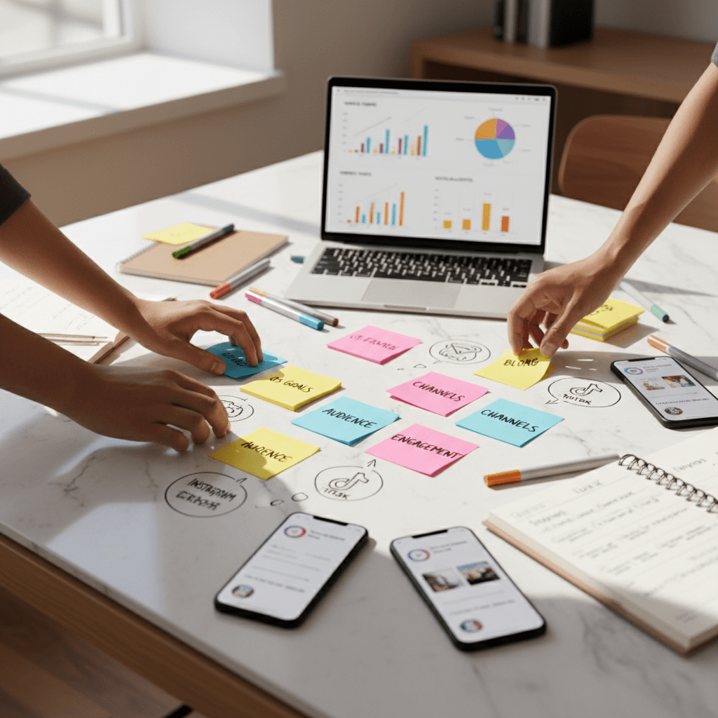 Content strategy whiteboard with notes and planning