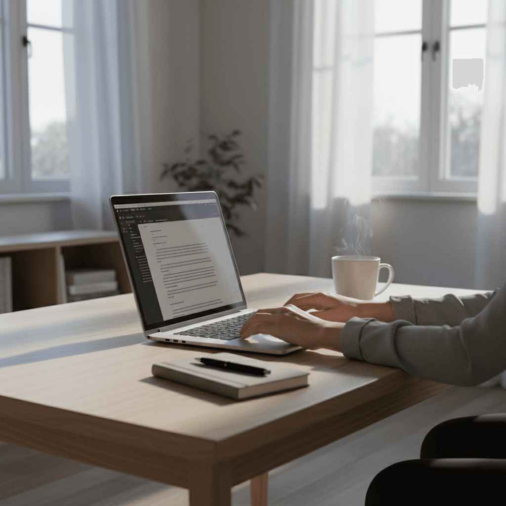 A writer's desk with a laptop, coffee, and papers, bathed in natural window light, conveying a focused creative workspace